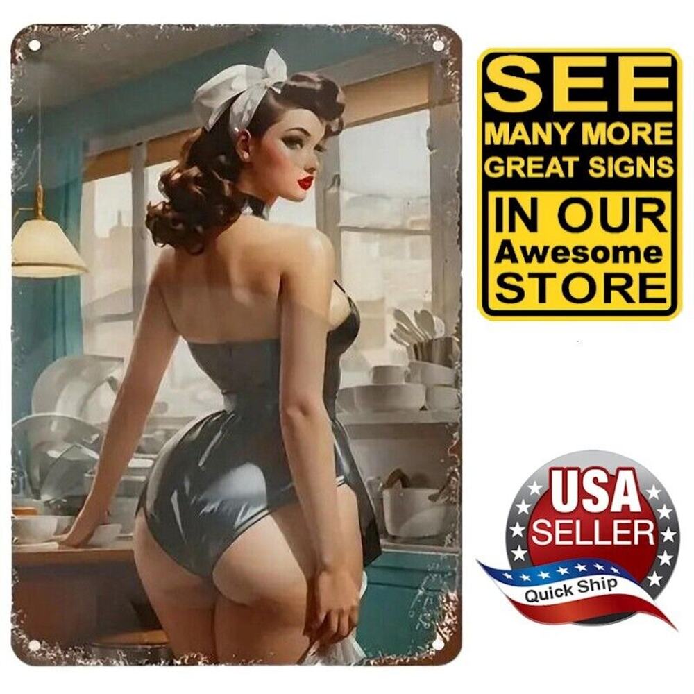 Metal Tin Sign • Vintage Brunette Pin-Up • ‘Dirty Deeds’ •Big Boobs &Butt Cheeks